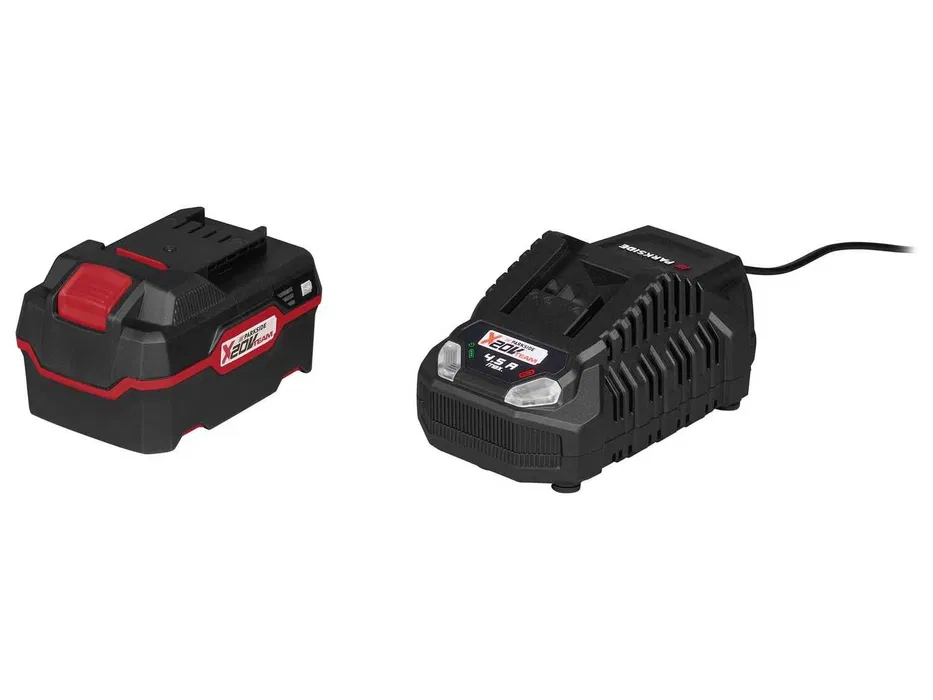 4 Ah X20V Team battery next to the fast charger